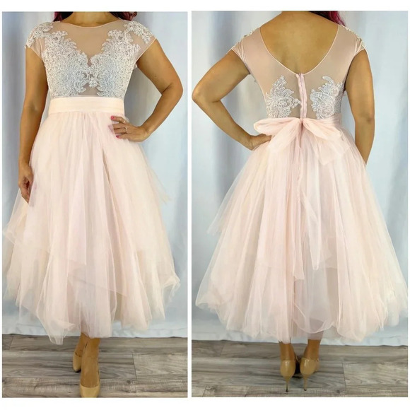 NEW O'Blanc Pink Silver Lace Tulle Formal Midi Dress $1440